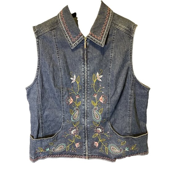 Alfred Dunner Embroidered Denim Full Zip Sleeveless Vest Sz 16W - Picture 1 of 9